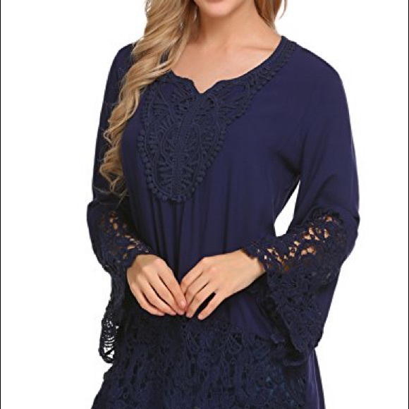 Anthropologie Lace Flare Sleeve Blouse Blue Small - Picture 2 of 14